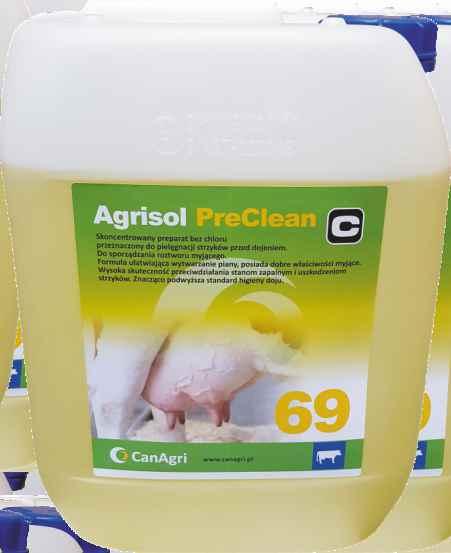 PREPARATY DO HIGIENY PRZEDUDOJOWEJ Agrisol PreClean Agrisol PreClean to skoncentrowany preparat bez chloru przeznaczony do pielęgnacji strzyków przed dojem. Do sporządzania roztworu myjącego.