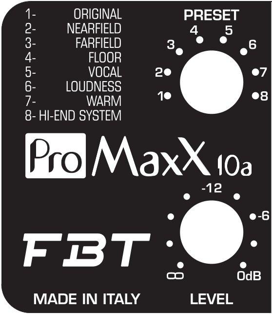 Programy PRESET FBT w serii ProMaxX zastąpiło niewygodne w obsłudze korektory, oparte o kilka potencjometrów obrotowych, nowoczesnym procesorem obróbki sygnału DSP z ośmioma fabrycznymi programami