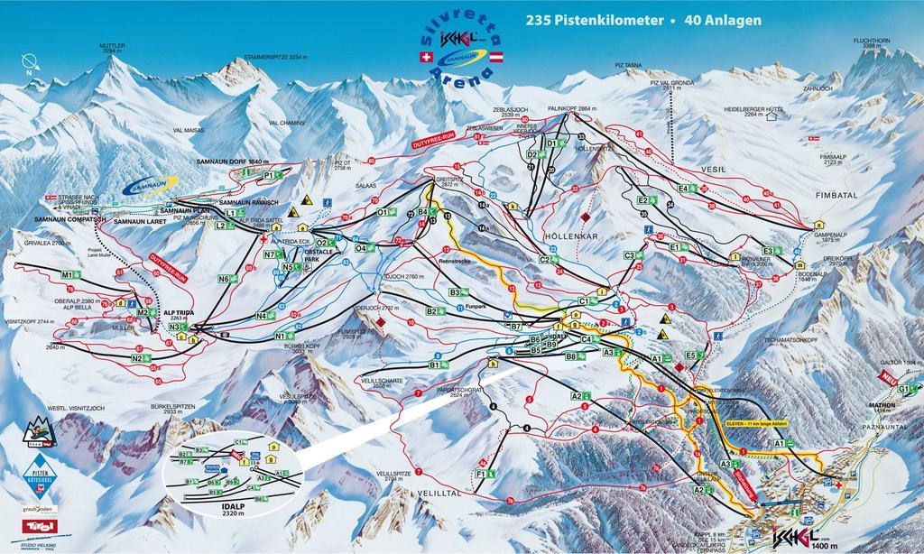 OŚRODEK NARCIARSKI SAMNAUM-ISCHGL 238 km najlepiej przygotowanych tras zjazdowych, 45 nowoczesne wyciągi i kolejki