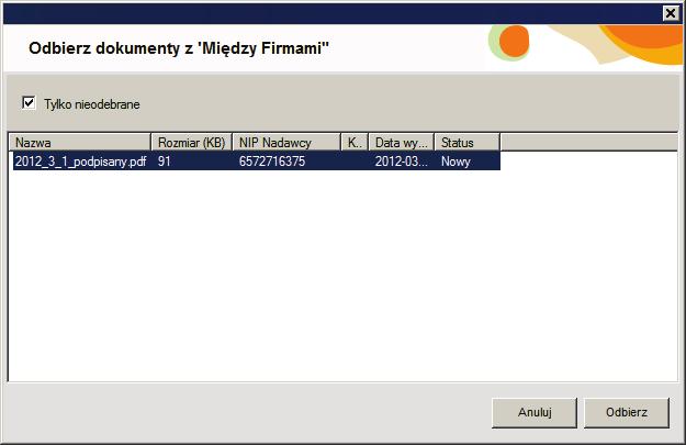 38 Podręcznik użytkownika Symfonia Start e-dokumenty Rys. 27 Okno Odbierz dokumenty z Między Firmami.