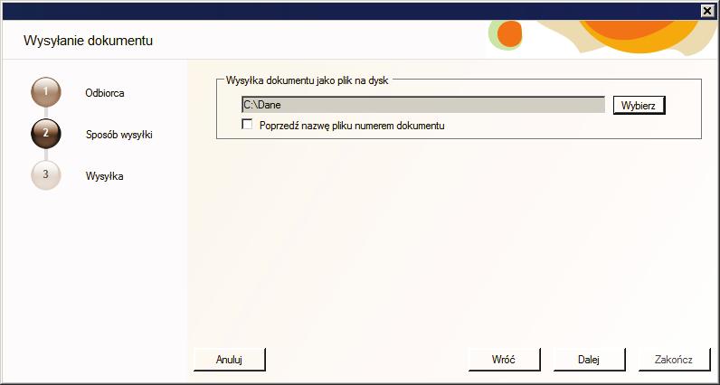 Obsługa przesyłania dokumentów 43 Należy wybrać wysyłkę zapis na dysk i przyciskiem Dalej przejść do kolejnej strony. Rys. 37 Okno kreatora wysyłania strona Sposób wysyłki.