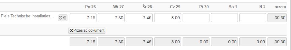 Wpisz w tabeli przepracowane przez Ciebie godziny. Odpowiednia ilość przepracowanych godzin w każdym z dni tygodnia. Nie trzeba zatem wpisywać godziny rozpoczęcia i zakończenia pracy.