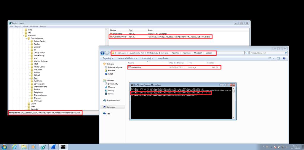 Złośliwe oprogramowanie po uruchomieniu kopiowało się w lokalizację systemu użytkownika C:\Użytkownicy\Nazwa Użytkownika\AppData\Roaming\Microsoft\Speech\, tworząc plik o nazwie AudioDriver.