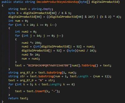 Następnie za pomocą klasy DecodeProductKey i zawartego w niej kodu następuje zdekodowanie klucza.