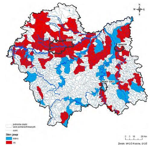 Mapa Nr 4. Jakość wód jednolitych części wód w województwie małopolskim Źródło: Raport o stanie środowiska w powiecie tarnowskim w 2014r. IV.4.3.