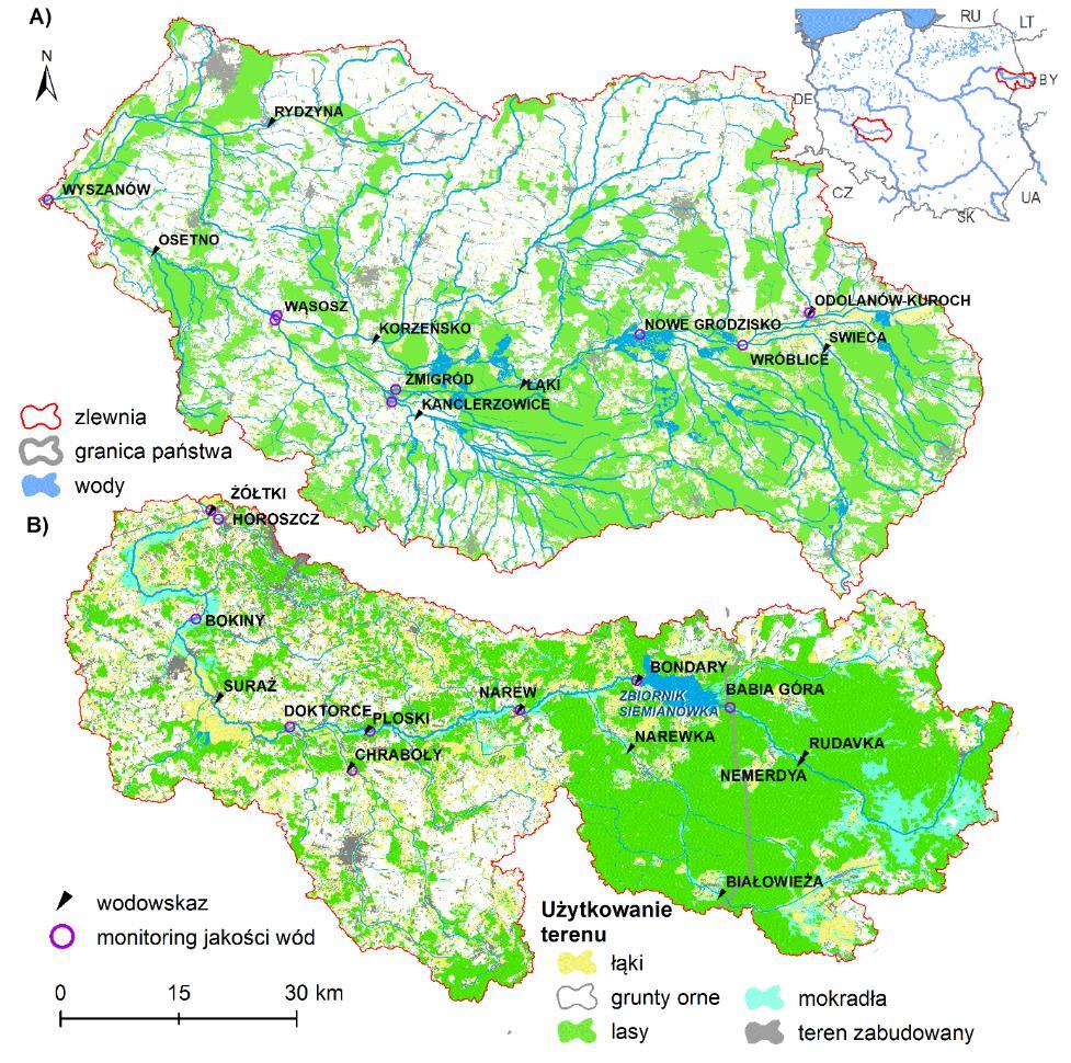9 Zasoby wodne 141 Rys. 9.7. Lokalizacja i mapa pokrycia terenu badanych zlewni: a) zlewnia Baryczy i b) zlewnia Górnej Narwi (źródło: Marcinkowski i in., 2017).