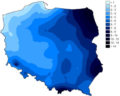 Dni z minimalną dobową temperaturą powietrza -15 C (ekstremalnie mroźne) występują w Polsce kilkukrotnie rzadziej niż dni mroźne.