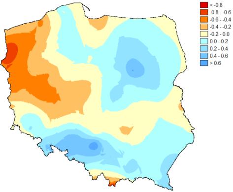 porównaniu do lat 1961-1990. 4.6. Podsumowanie W ostatnich dekadach w całej Polsce nastąpił wzrost średniej rocznej temperatury powietrza.