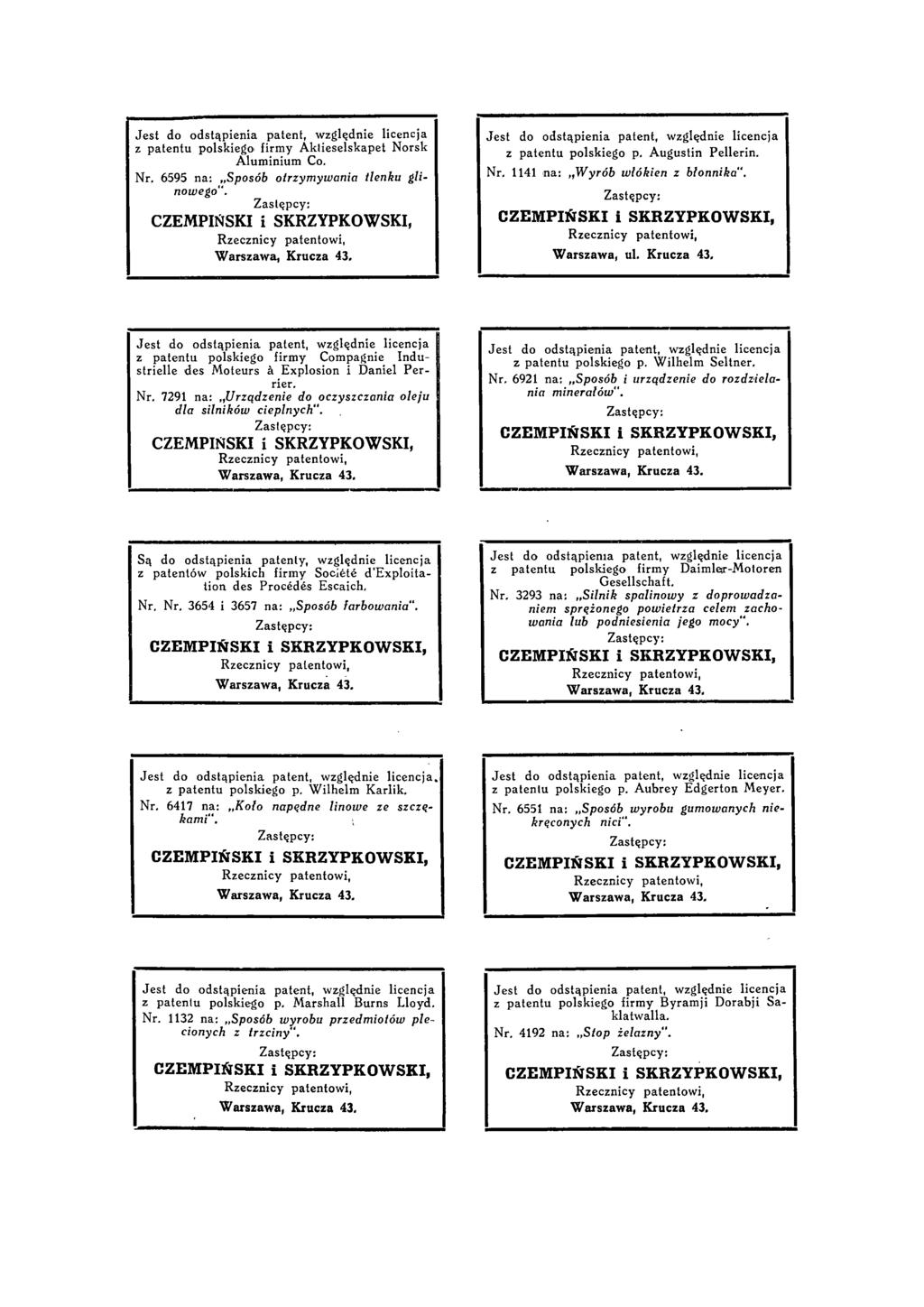 Jest do odstąpienia patent, względnie licencja z patentu polskiego firmy Aklieselskapet Norsk Aluminium Co. Nr. 6595 na: Sposób otrzymywania tlenku glinowego.