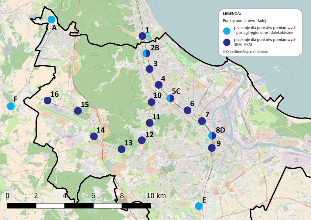 Rysunek 6.7 Punkty pomiarowe kolej na podstawie openstreetmap.com 6.5.