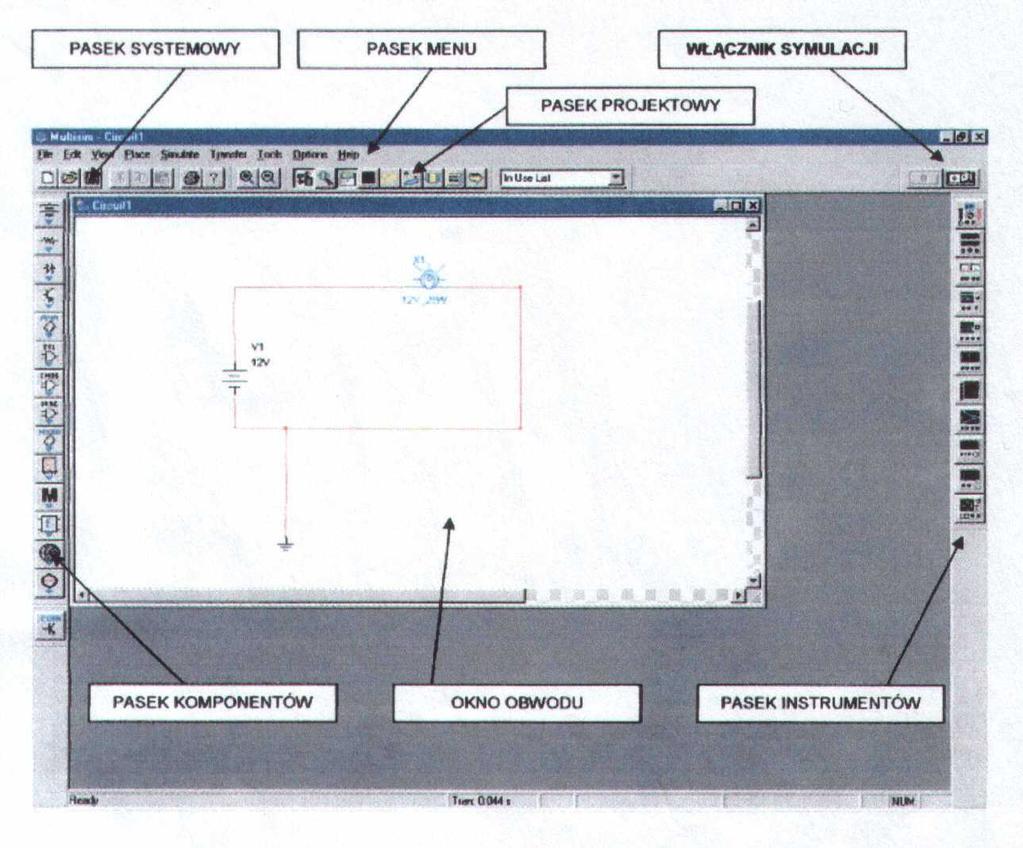 SKRÓCONA INSTRUKCJA OBSŁUGI DO PROGRAMU MULTISIM 2001 1. INTERFEJS UŻYTKOWNIKA Interfejs użytkownika służy do obsługi programu i jest podstawowym oknem, jakie uruchamia się podczas startu programu.