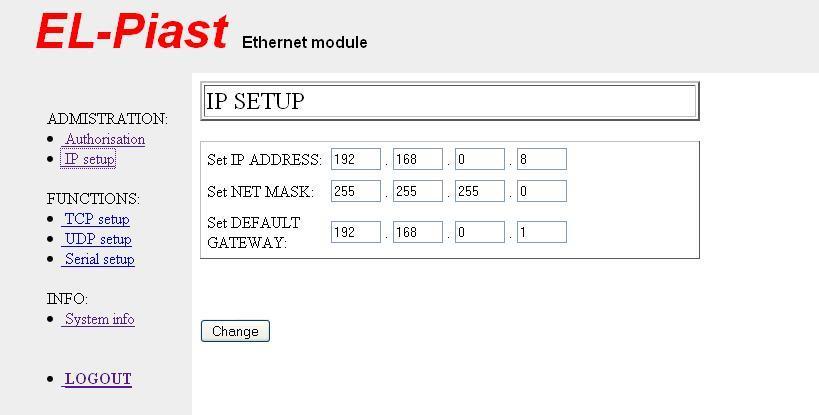 IP setup za pomocą tej podstrony można zarządzać ustawieniami protokołu IPv4 Modułu Ethernetowego Uwaga!