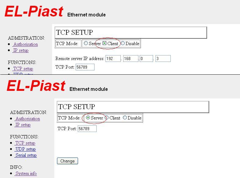 TCP setup zakładka ta oferuje możliwość zarządzania trybem pracy Modułu Ethernetowego oraz parametrami protokołu TCP.