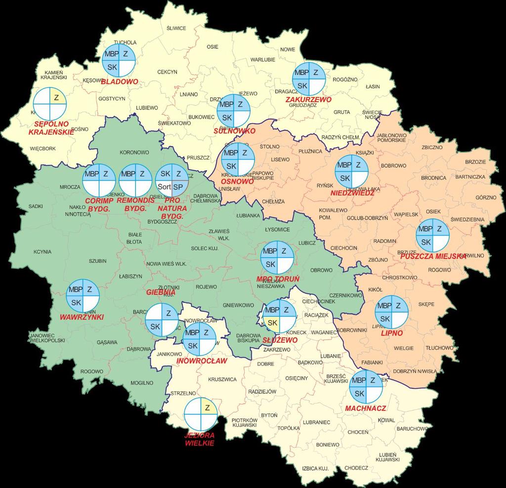 Mapa 17 Istniejące i planowane Regionalne Instalacje Przetwarzania Odpadów Komunalnych (RIPOK) w poszczególnych regionach gospodarki odpadami komunalnymi Instalacje: MBP