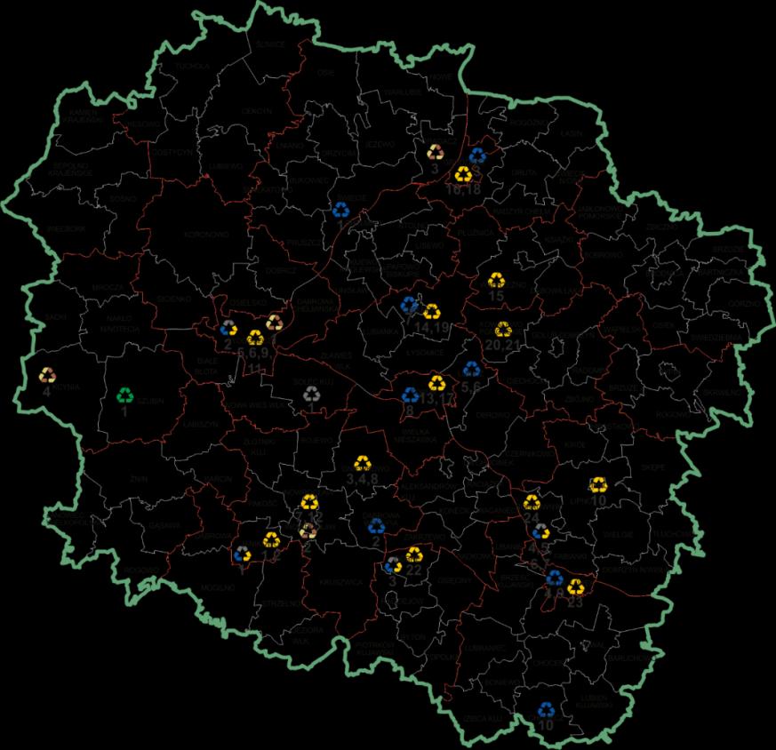 Mapa 9 Instalacje (największe) do recyklingu następujących frakcji odpadów komunalnych: tworzywa sztuczne, szkło, papier, metale, drewno, odpady opakowań wielomateriałowych Stan na dzień 31 grudnia