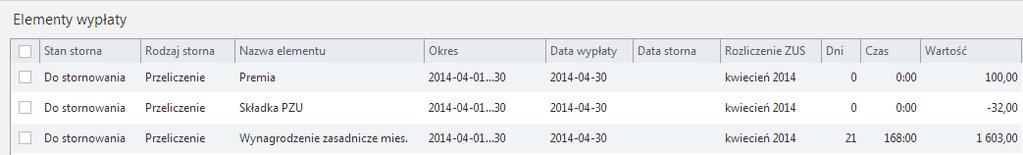 Płace / Elementy stornowane Na zakładce 'Elementy stornowane' wyświetlona jest lista elementów: