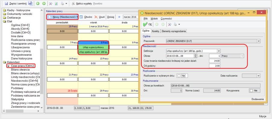 Dodawanie nieobecności na część dnia Pracownik ma zaplanowaną pracę od poniedziałku do piątku po 8 godzin, od godziny 7.