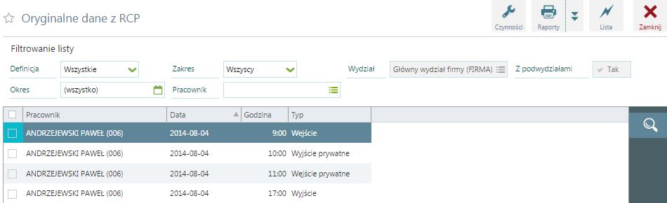 Kadry / Czas pracy / Oryginalne dane z RCP W wersji platynowej programu jest możliwość zaczytywania pliku RCP na tabele pośrednie Kadry/Czas pracy/oryginalne dane z RCP oraz Kadry/Czas pracy/dane z