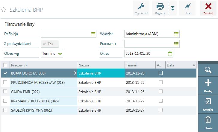 Kadry / Ewidencje / Szkolenia BHP Lista zawiera szkolenia BHP wprowadzone na kartotece pracownika Kadry pozostałe / Szkolenia BHP.