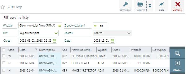 Płace / Umowy Lista zawiera wszystkie wypłaty z tytułu umów cywilnoprawnych zrealizowane w wybranym okresie. O umieszczeniu umowy na liście decyduje data jej wypłaty.