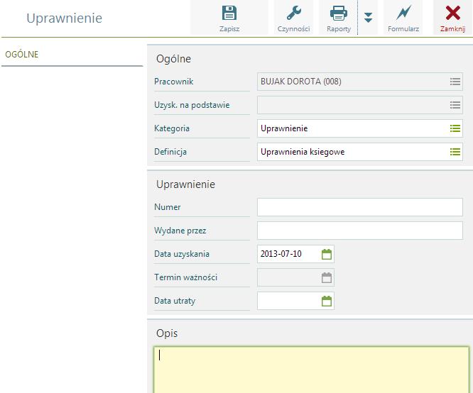 Szkolenia / Uprawnienia Zakładka dostępna jest w wersji Platynowej programu. Listę tworzą przypisane do pracowników uprawnienia nabyte w ramach odbytych szkoleń.