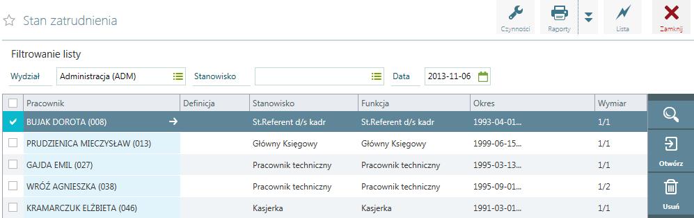 Rekrutacja / Stan zatrudnienia Z tego poziomu w programie otrzymamy informacje dotyczące stanu zatrudnienia w firmie z podziałem na wydziały, podwydziały i stanowiska z datą aktualności na wybrany