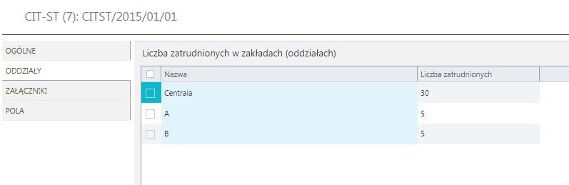 CIT-ST/Oddziały Na zakładce "Załączniki" znajduje się załącznik CIT-STA. W otwartym załączniku CIT-ST/A znajduje się wykaz zakładów (oddziałów).