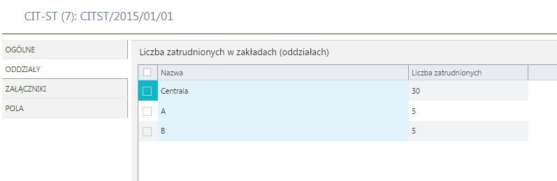 CIT-ST/Oddziały Na zakładce "Załączniki" znajduje się załącznik CIT-STA. W otwartym załączniku CIT-ST/A znajduje się wykaz zakładów (oddziałów).