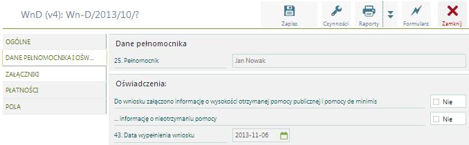 Po naliczeniu deklaracji na zakładkach dostępne są: Dane pełnomocnika i oświadczenia Pełnomocnik, pozycja zaczytywana z konfiguracji Narzędzia/Opcje/Kadry i płace/ Deklaracje/ PFRON - dane