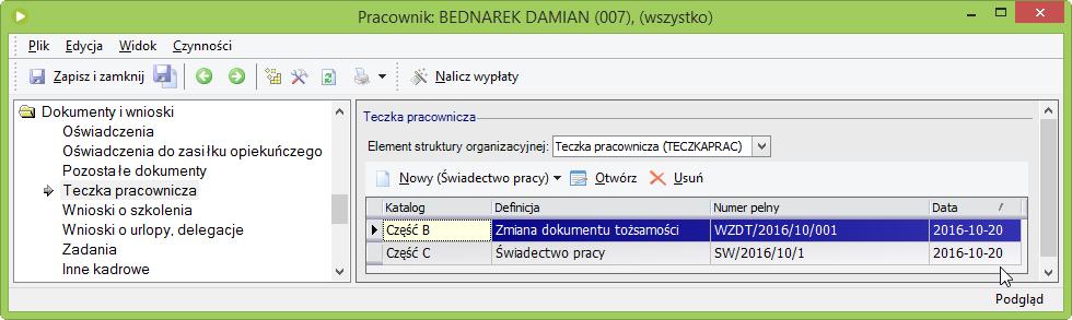 Katalogi są zdefiniowana na strukturze Dokumenty pracowników na zakładce Elementy.