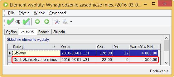 elementu. Na elemencie Wynagrodzenia zasadniczego na zakładce Składniki zostaną naliczone: Odchyłki rozliczane minus, czyli pomniejszenie wynagrodzenia zasadniczego za czas przerwy na karmienie.