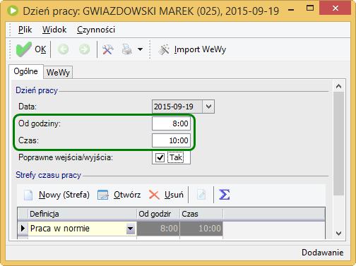 Otworzy się poniższy formularz: Następnie możemy zmienić godzinę przyjścia do pracy Od godziny np. puste pole zamieniamy na godzinę początku pracy czyli 8:00.