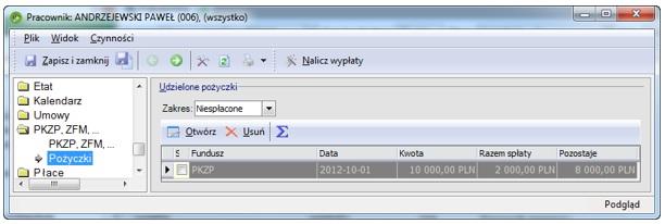 przez żyranta Kartoteka pracownika W kartotece pracownika na zakładce PKZP,ZFM/PKZP,ZFM można podejrzeć do jakich funduszy przynależy pracownik oraz na zakładce Pożyczki przeglądnąć listę i stan