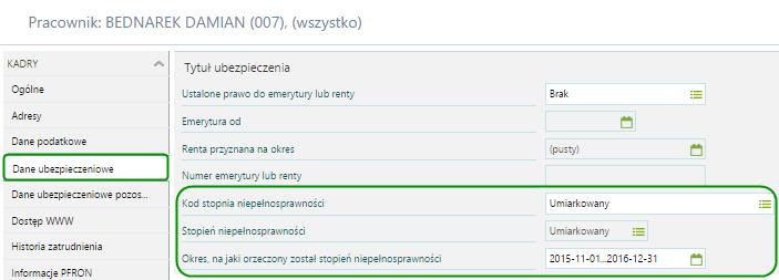 W celu odnotowania w programie enova uzyskanie stopnia niepełnosprawności przez zleceniobiorcę i wykonania przerejestrowania, należy w kartotece zleceniobiorcy na zakładce Dane ubezpieczeniowe