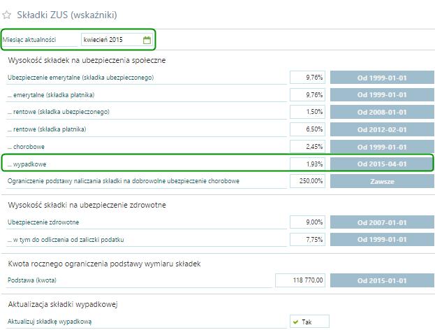 KOREKTA SKŁADKI WYPADKOWEJ Aktualizacja wskaźnika W konfiguracji programu należy zmienić składkę wypadkową na właściwą.