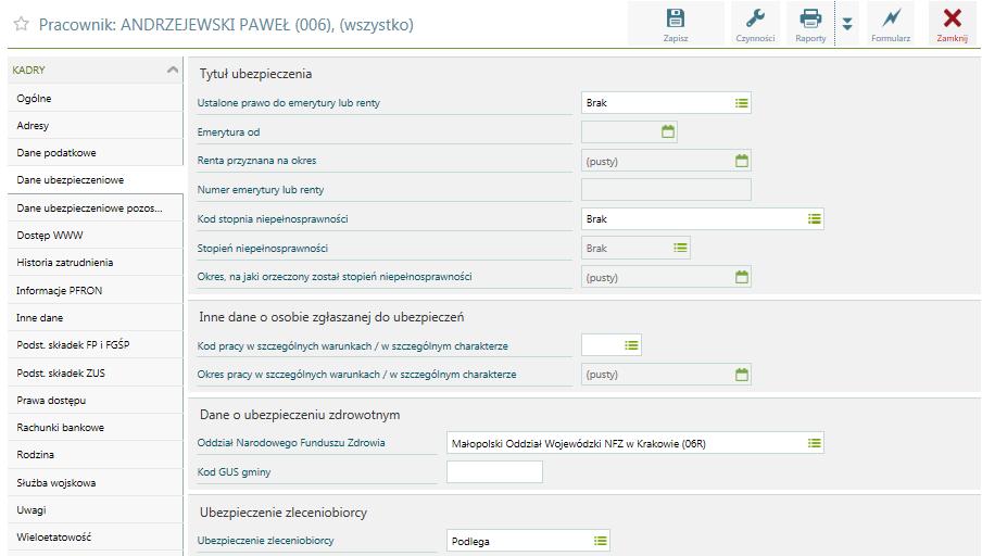 Kadry / Dane ubezpieczeniowe Formularz służy do wprowadzania ogólnych danych ubezpieczeniowych niewynikających bezpośrednio ze stosunku pracy czy zawartej umowy cywilnoprawnej.