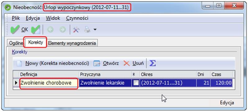 Rozliczenie nieobecności Urlop wypoczynkowy Pracownikowi na zakładce Kalendarz/Nieobecności wprowadzono nieobecność Urlop wypoczynkowy na okres 2012-07-11...31.