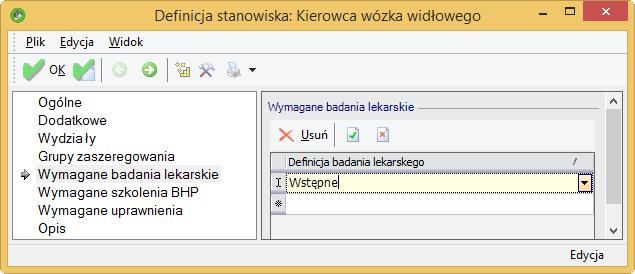 Definicja stanowiska - Wymagane badania lekarskie Definicja stanowiska - Wymagane badania lekarskie WYMAGANE SZKOLENIA BHP Na zakładce Wymagane szkolenia BHP, dostępnej w