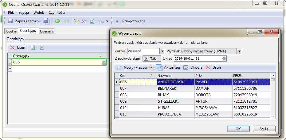 Oceniani Podobnie jak na zakładce Oceniający, na liście Ocenianych po kliknięciu w strzałkę pojawia się okno z listą osób, z których należy