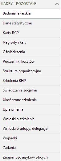 Kadry pozostałe W dostępnych formularzach zapisywane są opcjonalne dane kadrowe. Nie są one niezbędne dla przygotowania list płac, deklaracji PIT i ZUS.