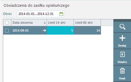 Dokumenty i wnioski / Oświadczenia do zasiłku opiekuńczego Zakładka umożliwia wprowadzenie liczby dni wykorzystanych w roku kalendarzowym przykładowo przez małżonka pracownika lub/i innego członka