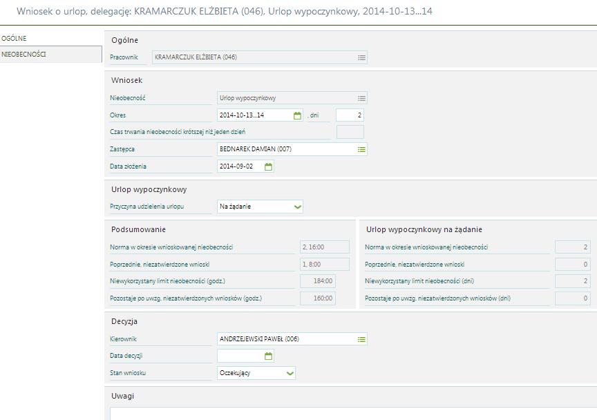 Formularz planowanego wniosku urlopowego Formularz wniosku urlopowego na żądanie W celu złożenia wniosku należy wybrać definicję (w przypadku urlopu wypoczynkowego również przyczynę) oraz okres na