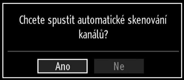 Po vybrání jazyka se zobrazí uvítací obrazovka vyžadující výběr Země, Aktivní antény a Skenování kódovaných kanálů. Poznámka: Pro zrušení můžete stisknout tlačítko MENU.