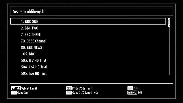 Ovládání stanic: Oblíbené Můžete vytvořit seznam oblíbených kanálů. Stiskněte tlačítko MENU pro vstup do hlavní nabídky. Nastavte Seznam kanálů stisknutím nebo tlačítka.
