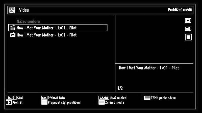 Prohlížení filmů přes USB žluté Otevře: menu úpravy titulků. VRÁTIT SE/ZPĚT: Zpět do předešlé složky. Pokud z vyberete možnost Videa, seznam všech dostupných videí se zobrazí naobrazovce.