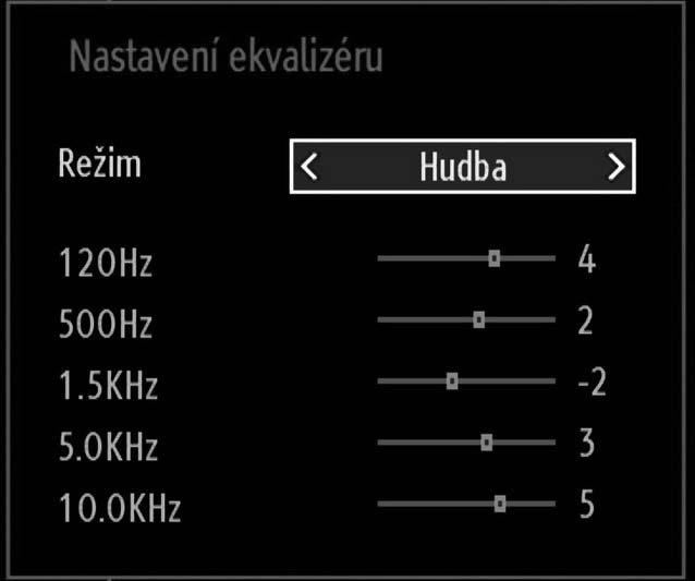 V nabídce ekvalizéru lze nastavit režim Hudba, Film, Mluvené slovo, plochý, Vážná hudba nebo Uživatel. Stisknutím tlačítka MENU se vrátíte do předchozí nabídky.