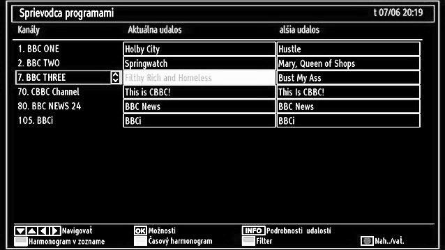 Informácie o Elektronickom programovom sprievodcovi (EPG) Môžete si prezrieť elektronického programového sprievodcu (EPG) pre zobrazenie informácií o dostupných programoch.