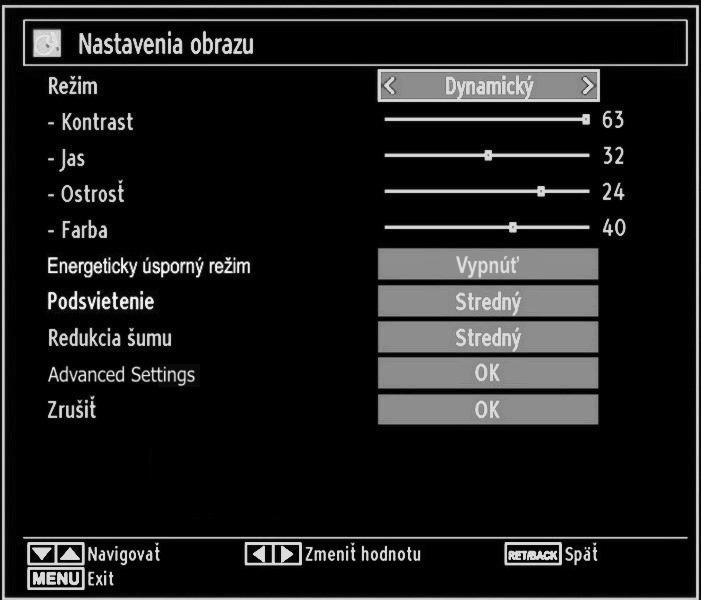 Slovensko - 57 - Položky v ponuke nastavení obrazu Na zvýraznenie položky v ponuke použite tlačidlo alebo. Ak chcete vybrať položku, stlačte tlačidlo alebo. Stlačte tlačidlo MENU pre opustenie ponuky.