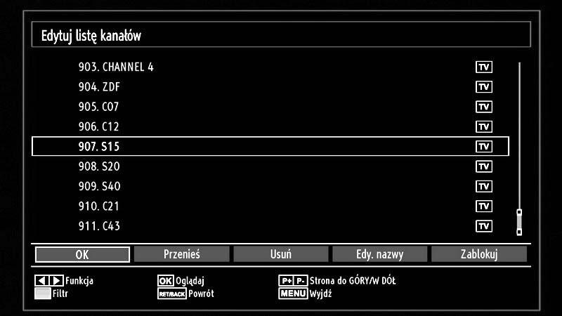 Korzystanie z listy kanałów Proszę wcisnąć przycisk lub aby wybrać kanał, który ma być modyfi kowany. Proszę wcisnąć przycisk lub aby wybrać opcję z menu listy kanałów.