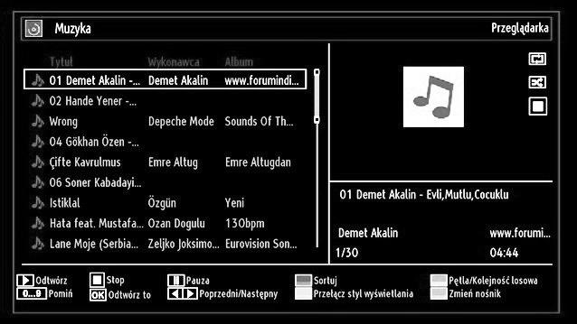 Odtwarzanie muzyki poprzez USB Po wybraniu muzyki w głównych opcjach, dostępne pliki audio zostaną przefi ltrowane i wyświetlone na ekranie. Odtwarzaj ( przycisk): Rozpoczyna odtwarzanie.